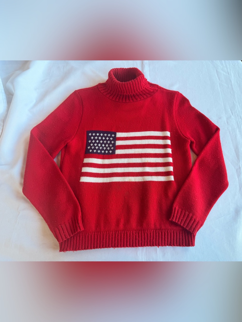 Vintage Rave Red Turtleneck Sweater with Flag Motif Size Medium
